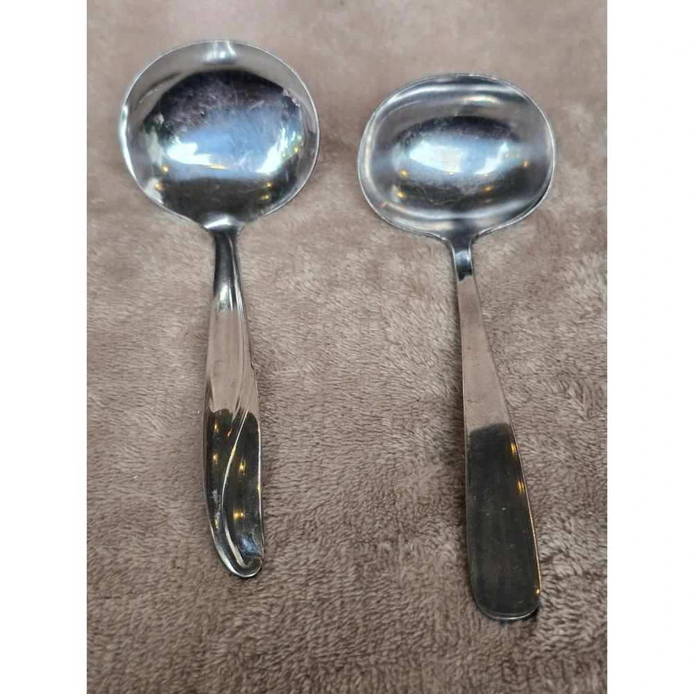 Vintage HIC Japan Stainless Steel Ladle Set 2pc Gravy Sauce Swirl Handle MCM